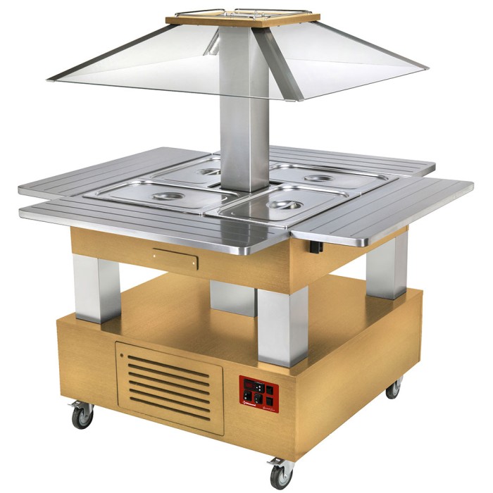 Eiland bain-marie warm buffet, gemotoriseerd koepel 4x GN 1/1-150 (licht hout)