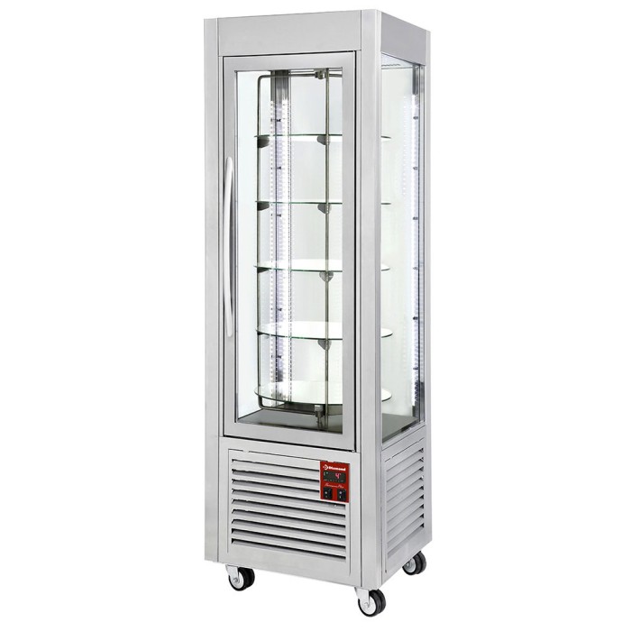 Panoramische vitrine, 5 draaiende plateaus, 360 LT, RVS.