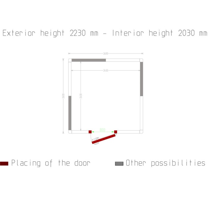 Kamer ISO 100, afm. int. 2430 x 2430 xh 2030 mm  (11,99  m³)