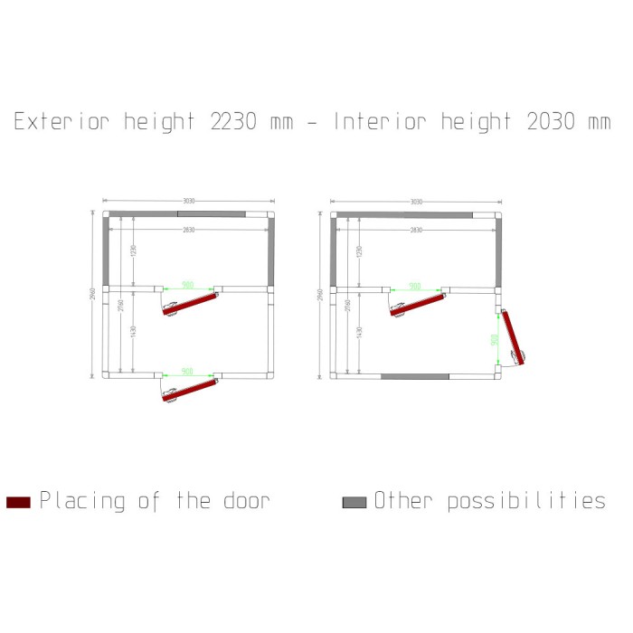 Koelkamer ISO 100 binnen afmetingen 2830 x 1430 & 2830 x 1230 xh 2230  mm  (9,02 + 7,76 m³)