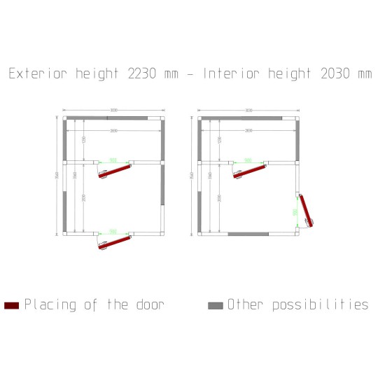 Combi koelkamer ISO 100, binnen afmetingen 2830 x 2030 & 2830 x 1230 xh 2230 mm  (12,81 + 7,76 m³)