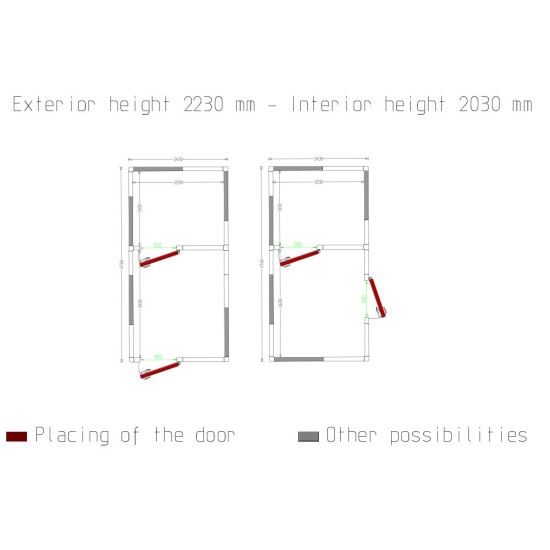 Combi koelkamer ISO 100, binnen afmetingen 2230 x 2630 & 2230 x 1830 xh 2230 mm  (13,08 + 9,1m³)