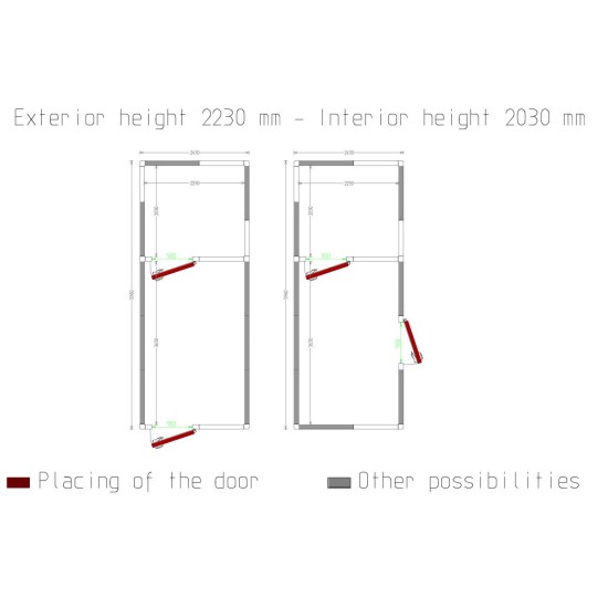 Combi koelkamer ISO 100, binnen afmetingen 2230 x 3630 & 2230 x 2030 xh 2230 mm  (18,05 + 10,09 m³)