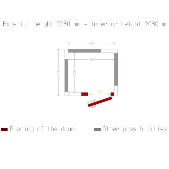 Kamer ISO 100, afm. int. 1430 x 1230 xh 2030 mm  (3,57  m³)