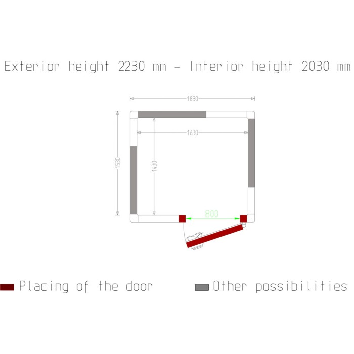 Kamer ISO 100, afm. int. 1630 x 1430 xh 2030 mm  (4,73  m³)