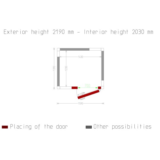 Kamer ISO 80, afm. int. 1430 x 1230 xh 2030 mm  (3,57 m³)