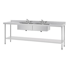 Vogue RVS spoeltafel dubbele spoelbak afdruiprek links en rechts 240x60cm