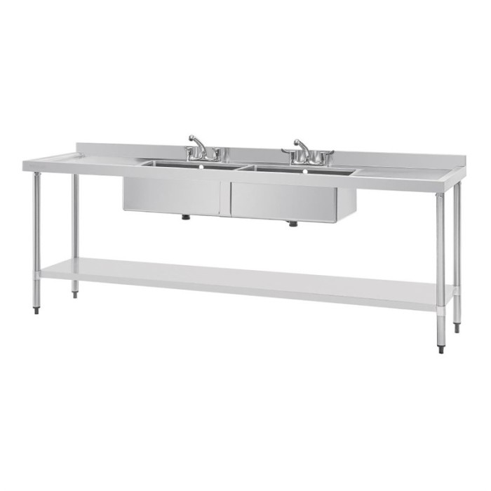 Vogue RVS spoeltafel dubbele spoelbak afdruiprek links en rechts 240x60cm