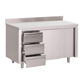 Gastro M werktafel met 3 laden links, schuifdeuren en achteropstand 88x120x70cm