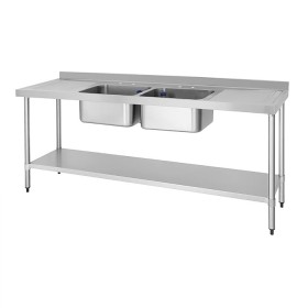 Vogue RVS spoeltafel dubbele spoelbak afdruiprek links en rechts 210x60cm