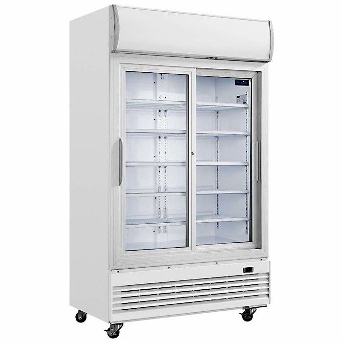 Polar G-serie tweedeurs displaykoeling met lichtbak 950 liter schuifdeuren