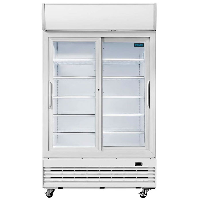 Polar G-serie tweedeurs displaykoeling met lichtbak 950 liter schuifdeuren