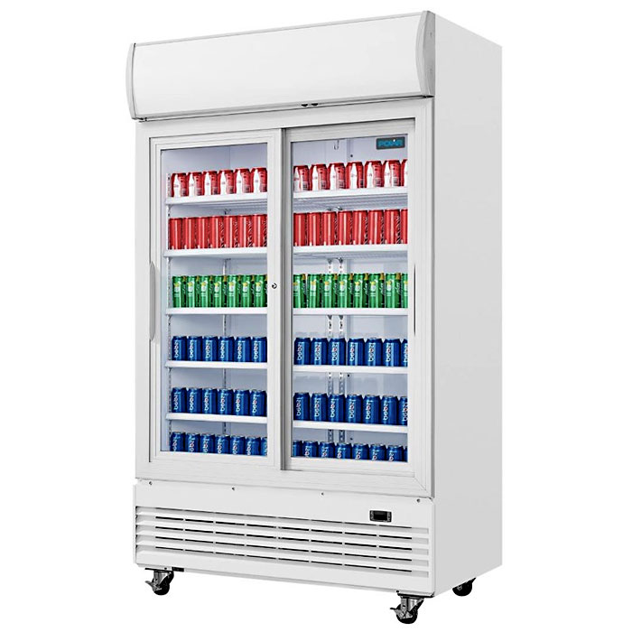 Polar G-serie tweedeurs displaykoeling met lichtbak 950 liter schuifdeuren