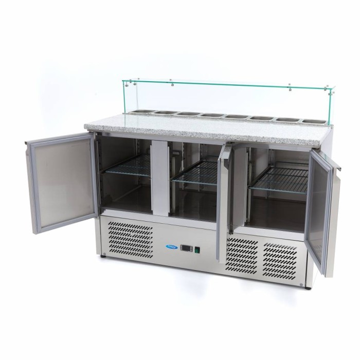 Pizzawerkbank - 137 cm - 3 Deuren - 8 x 1/6 GN - incl. Glazen Afdekking