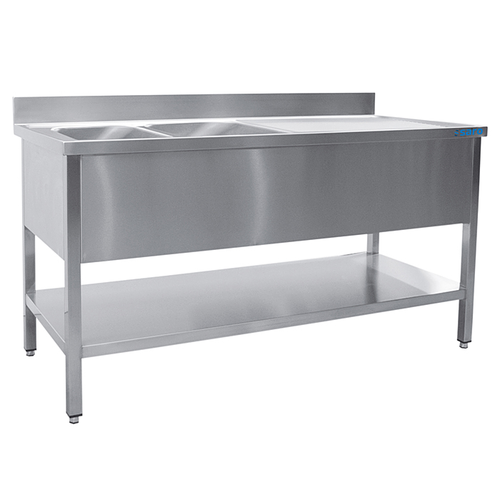SARO spoeltafel met twee wasbakken links - 600 mm diepte 2000 mm